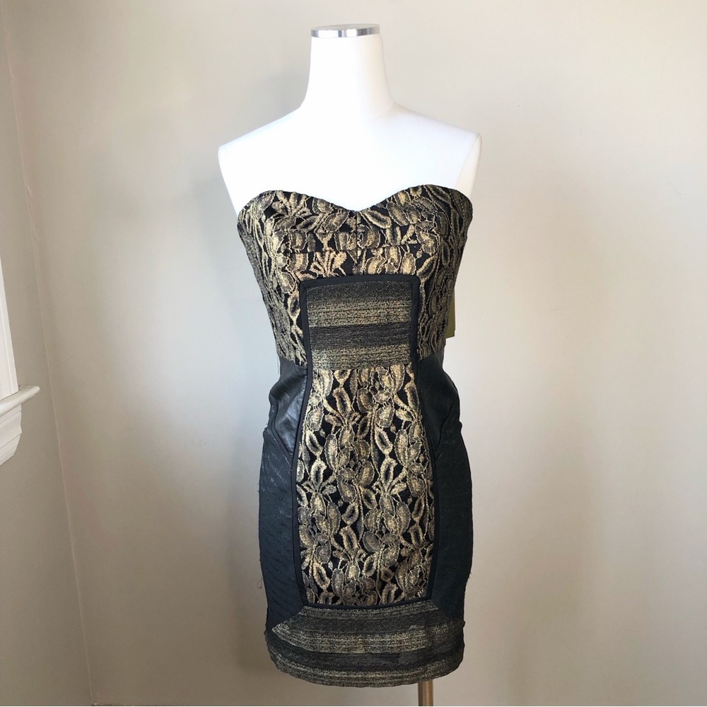 Nwt Vintage Nicole Miller Black & Gold Brocade Leather Strapless Mini Dress 8